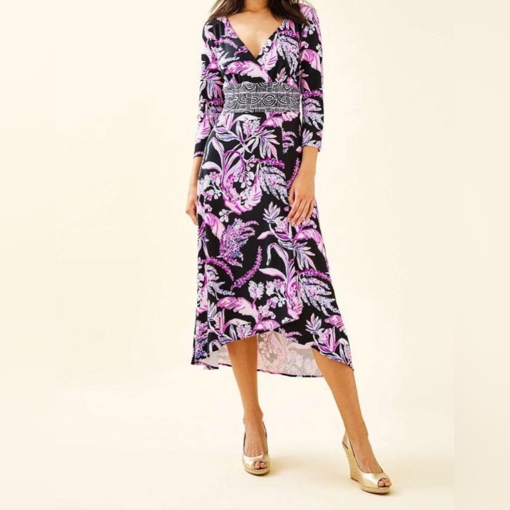Lilly Pulitzer Dress Fleuris Onyx Wild Within Black Long Sleeve Midi XL EUC